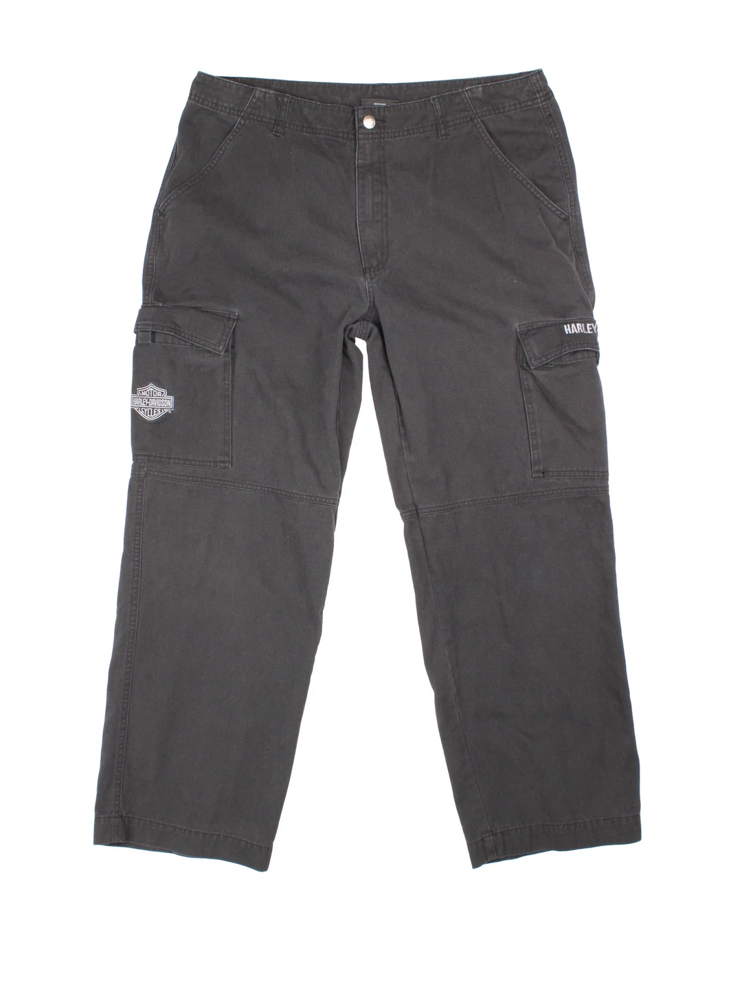 Harley-Davidson Cargo Trousers in black colourway with zip fly fastening and the logo embroidered on side pockets.