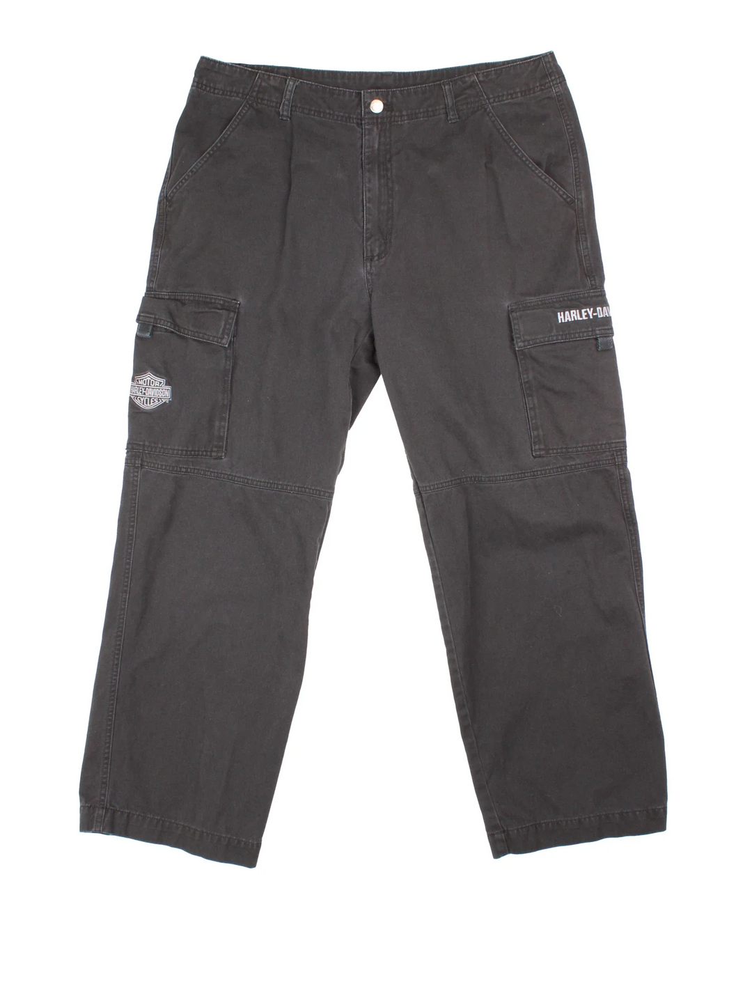 Harley-Davidson Cargo Trousers in black colourway with zip fly fastening and the logo embroidered on side pockets.