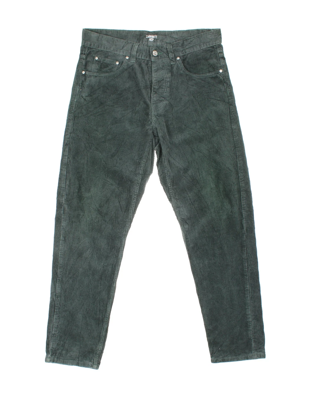 Carhartt Corduroy Trousers in green colourway with multiple pockets and the logo embroidered on the back.