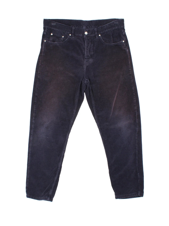 Carhartt Corduroy Trousers in blue colourway with multiple pockets and the logo embroidered on the back.