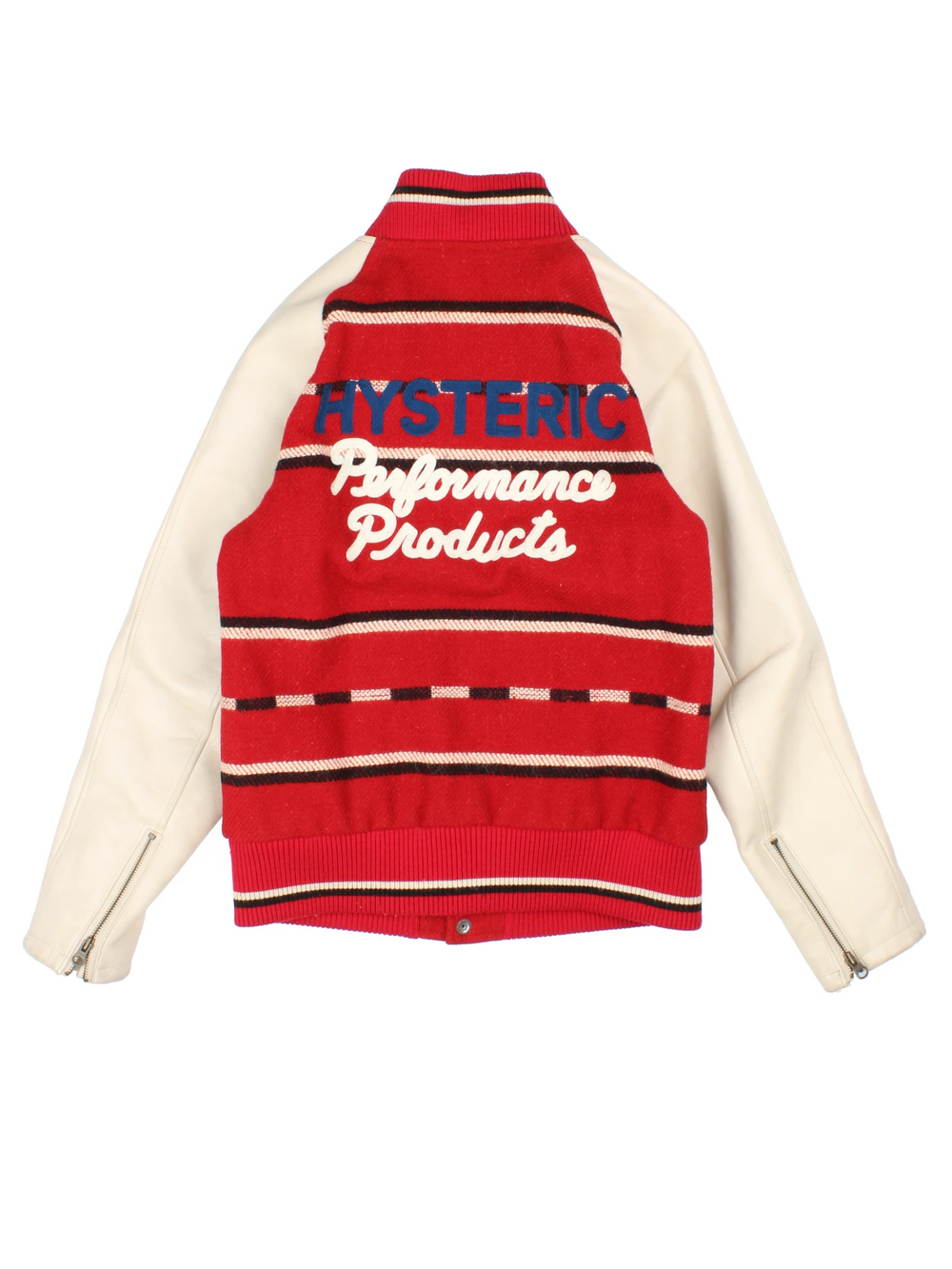 Vintage Hysteric Glamour varsity jacket in a red and cream colourway. The jacket has cream leather sleeves, press studs to close and jetted pockets on the front panels. The jacket is lined with a quilted fabric. and on the back there is a large chain stitched graphic reading 'Hysteric Performance Products'. Hysteric Glamour is a Japanese Streetwear brand, founded in 1984 by artist Nobuhiko Kitamura. 