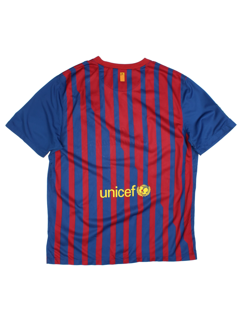 Vintage Barcelona 2011/12, Nike Home Football Shirt, blue, red and yellow colourway, and has logos printed throughout.