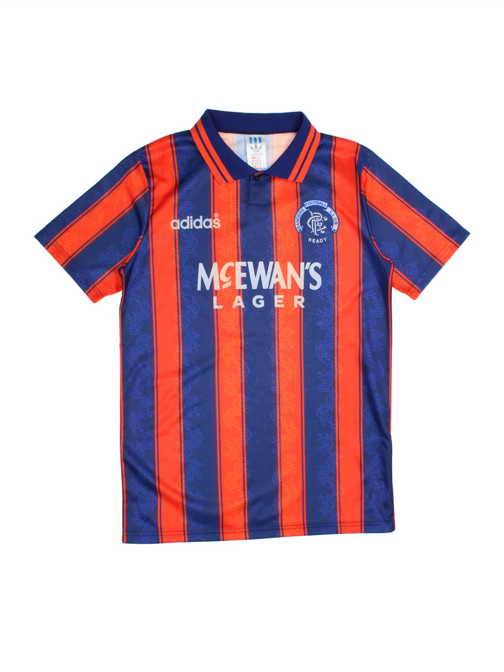 Vintage Rangers 1993/94, Adidas Football Kit in a blue and orange colourway, button up collar, and has logos printed on the front.