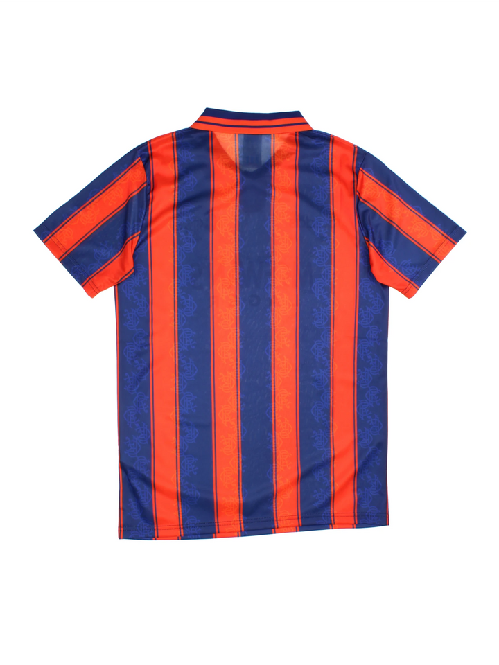Vintage Rangers 1993/94, Adidas Football Kit in a blue and orange colourway, button up collar, and has logos printed on the front.