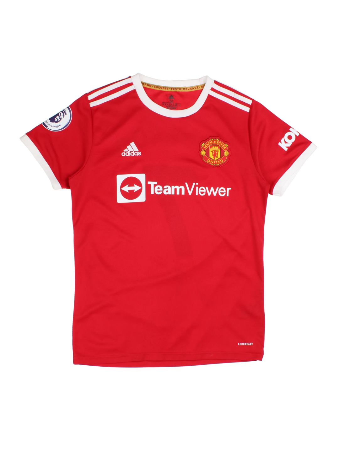 Manchester United 2021/22 home football shirt with Ronaldo number 7 on the back, has embroidered logos on the front and Premier League badge printed on the sleeve.