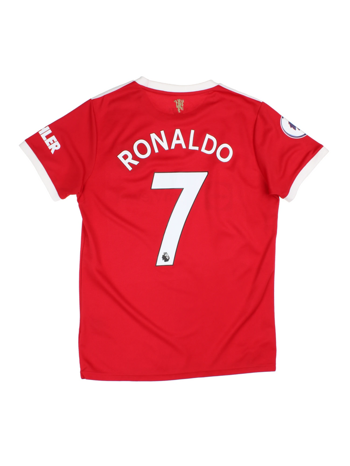 Manchester United 2021/22 home football shirt with Ronaldo number 7 on the back, has embroidered logos on the front and Premier League badge printed on the sleeve.
