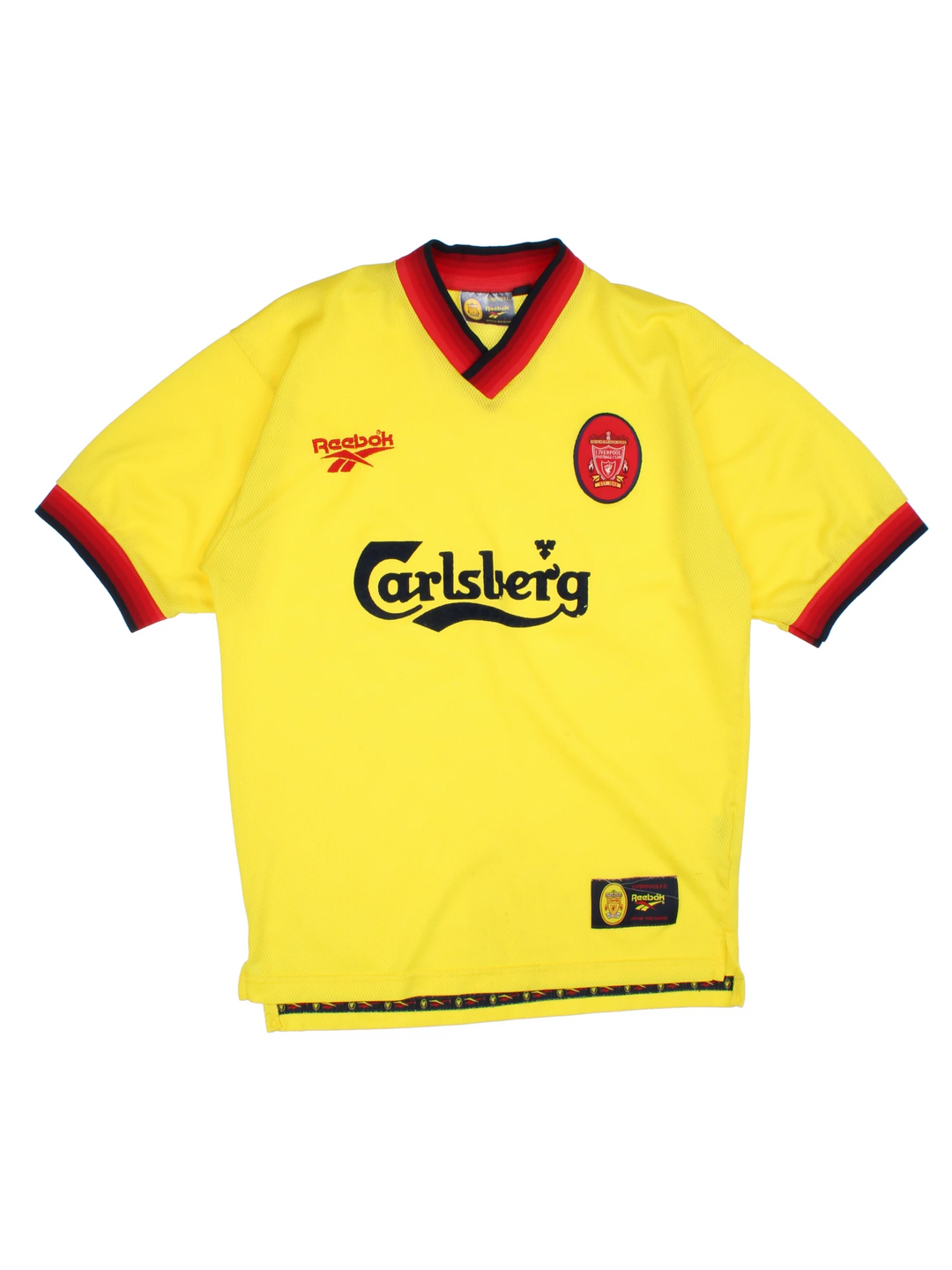 Vintage Liverpool 1997/99 Reebok away football shirt, yellow colourway with embroidered logos on the front
