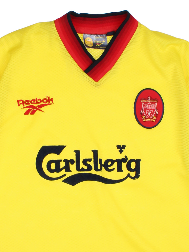 Vintage Liverpool 1997/99 Reebok away football shirt, yellow colourway with embroidered logos on the front