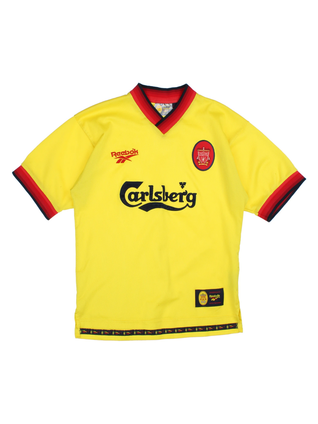 Vintage Liverpool 1997/99 Reebok away football shirt, yellow colourway with embroidered logos on the front