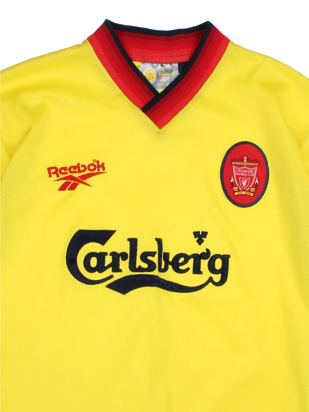 Vintage Liverpool 1997/99 Reebok away football shirt, yellow colourway with embroidered logos on the front
