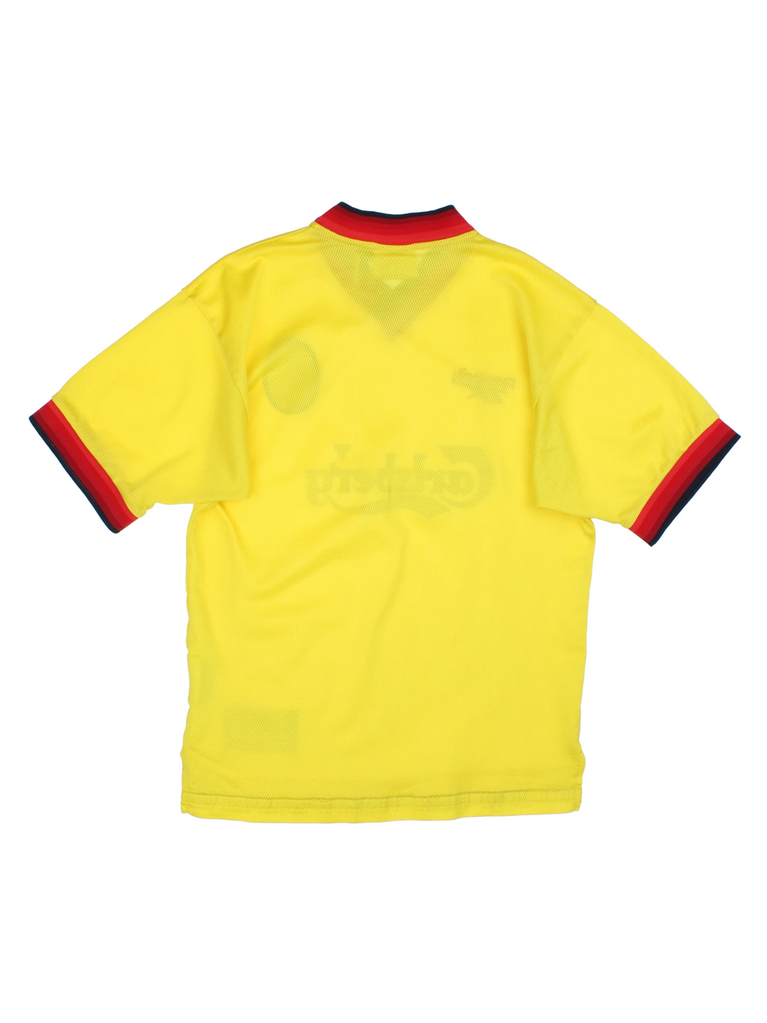 Vintage Liverpool 1997/99 Reebok away football shirt, yellow colourway with embroidered logos on the front