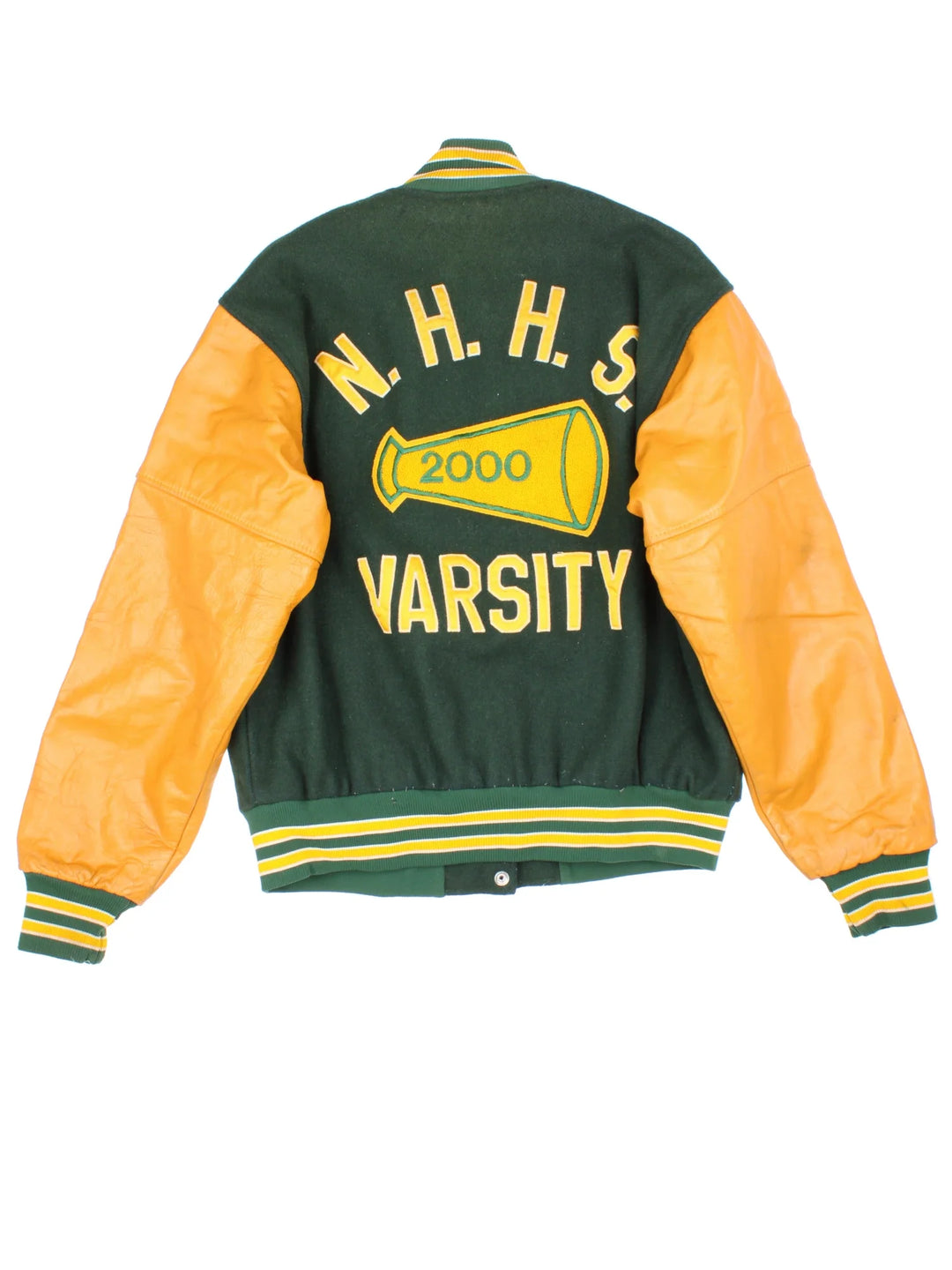 Vintage 2000 N.H.H.S Varsity Jacket in a green/yellow colourway. Features embroidered badges on front and embroidered spell-out on the back. Buttons up and has side pockets, insulated with quilted lining.