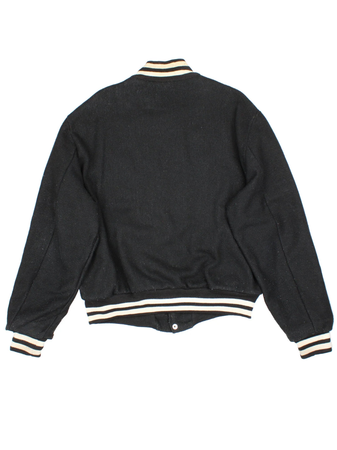 Vintage N.Y.R.A Champions Varsity Jacket in a black/white colourway.  Features embroidered badges on front, contrasts cuffs and collars, buttons up and has side pockets. Insulated with a contrast lining.