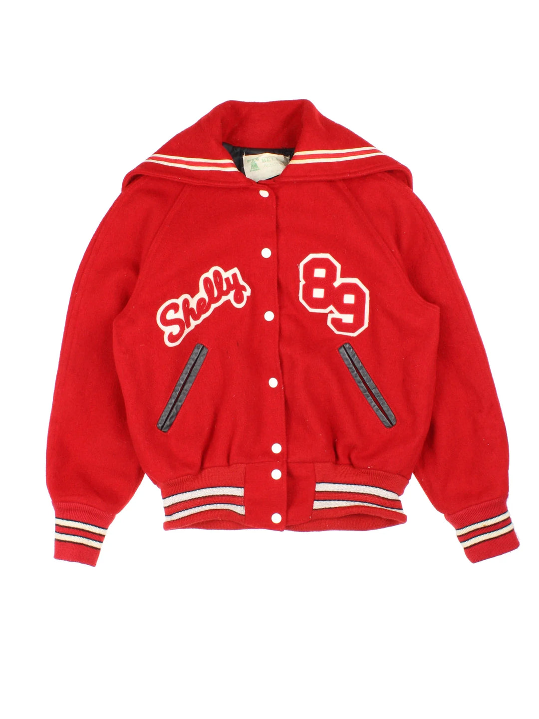 Vintage Cheerleaders Letterman Varsity Jacket in a red colourway. Buttons up and has side pockets, hooded, and has the logos / lettering embroidered on the front and back.