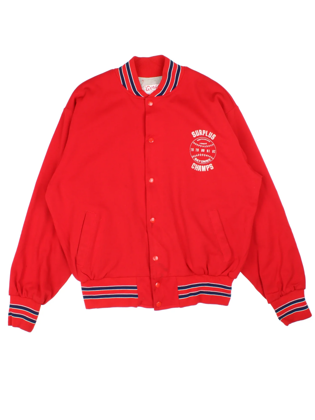 Vintage 1980's Baseball Varsity Jacket in a red colourway. Buttons up and has side pockets, and has the logo printed on the front.