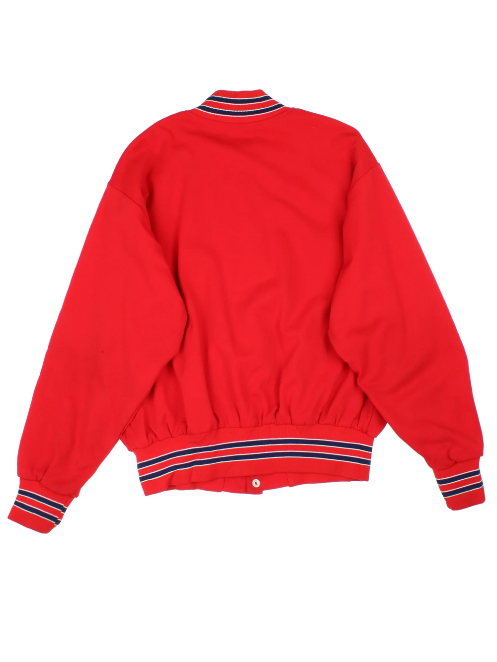 Vintage 1980's Baseball Varsity Jacket in a red colourway. Buttons up and has side pockets, and has the logo printed on the front.