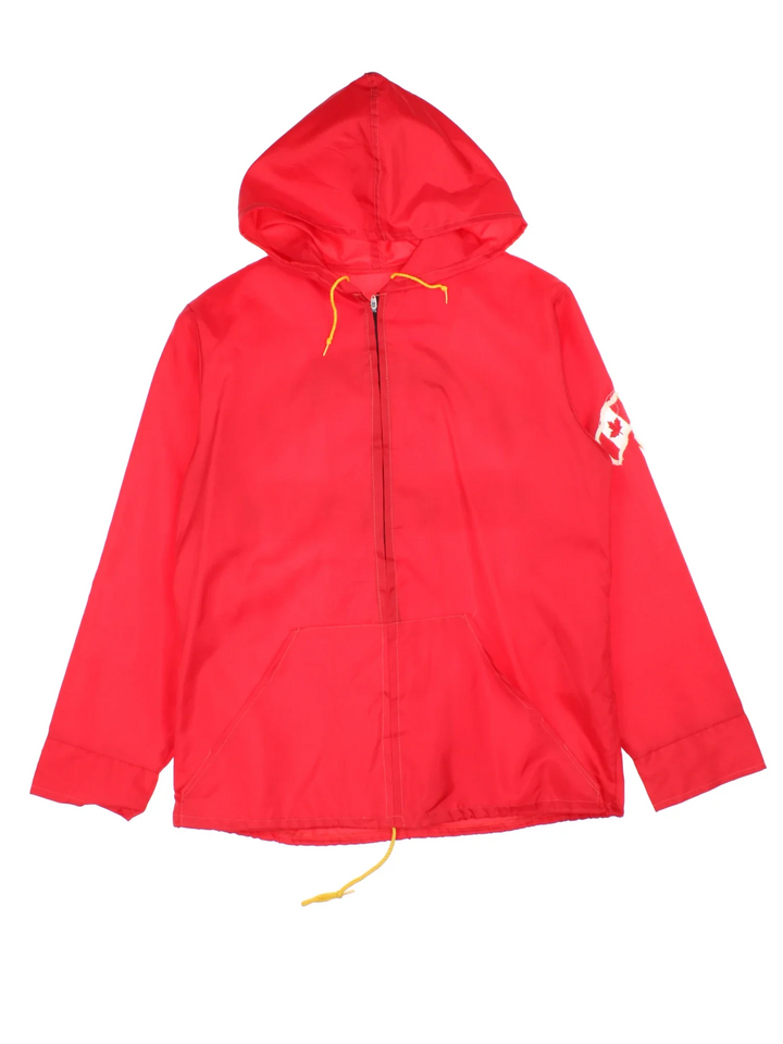 Vintage Letterman Jacket in a red colourway. Zips up and has side pockets, hooded, and has the spell outs embroidered on the back.