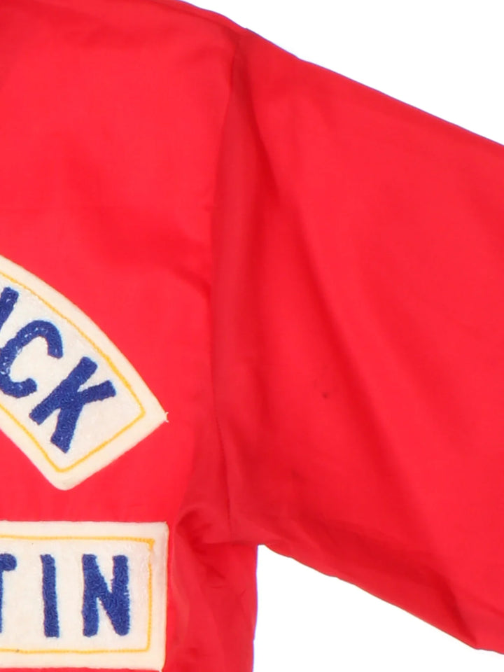 Vintage Letterman Jacket in a red colourway. Zips up and has side pockets, hooded, and has the spell outs embroidered on the back.