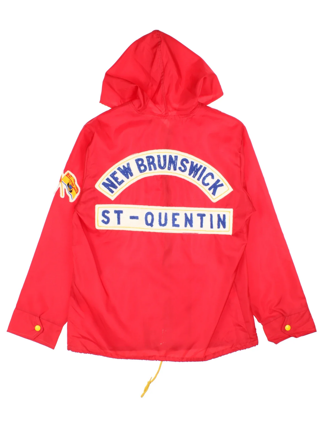 Vintage Letterman Jacket in a red colourway. Zips up and has side pockets, hooded, and has the spell outs embroidered on the back.