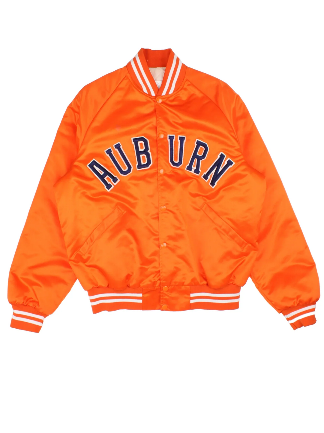 Vintage Aurburn University Varsity Jacket in a orange colourway. Buttons up and has side pockets, quilted lining, and has the spell out logo embroidered across the front.