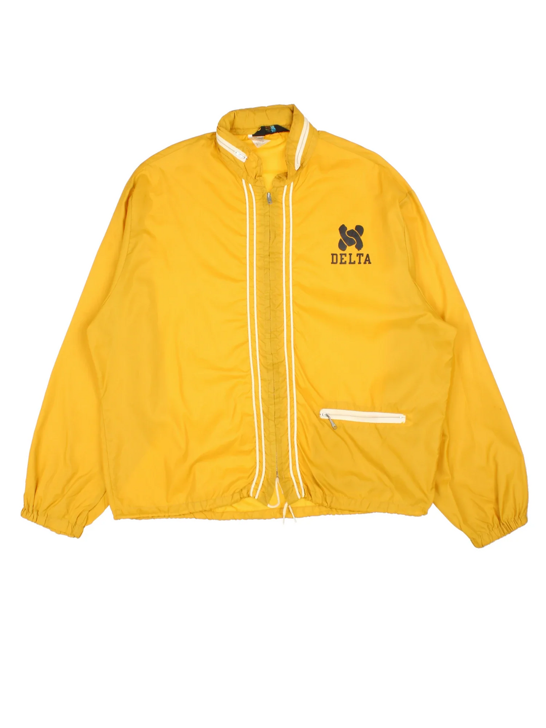 Vintage 1960's Champion Nylon Jacket in a yellow colourway. Zips up and has side pockets, hidden hood, and has the Delta logo printed on the front.
