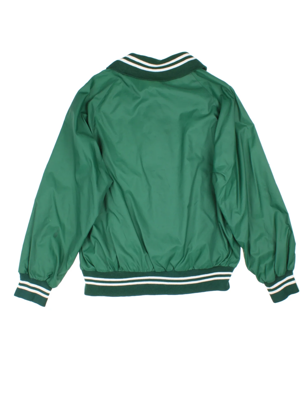 Vintage Champion Brown County Hornets School Baseball Varsity Jacket in a green colourway. Buttons up and has side pockets, big collar, and has the logo printed on the front.