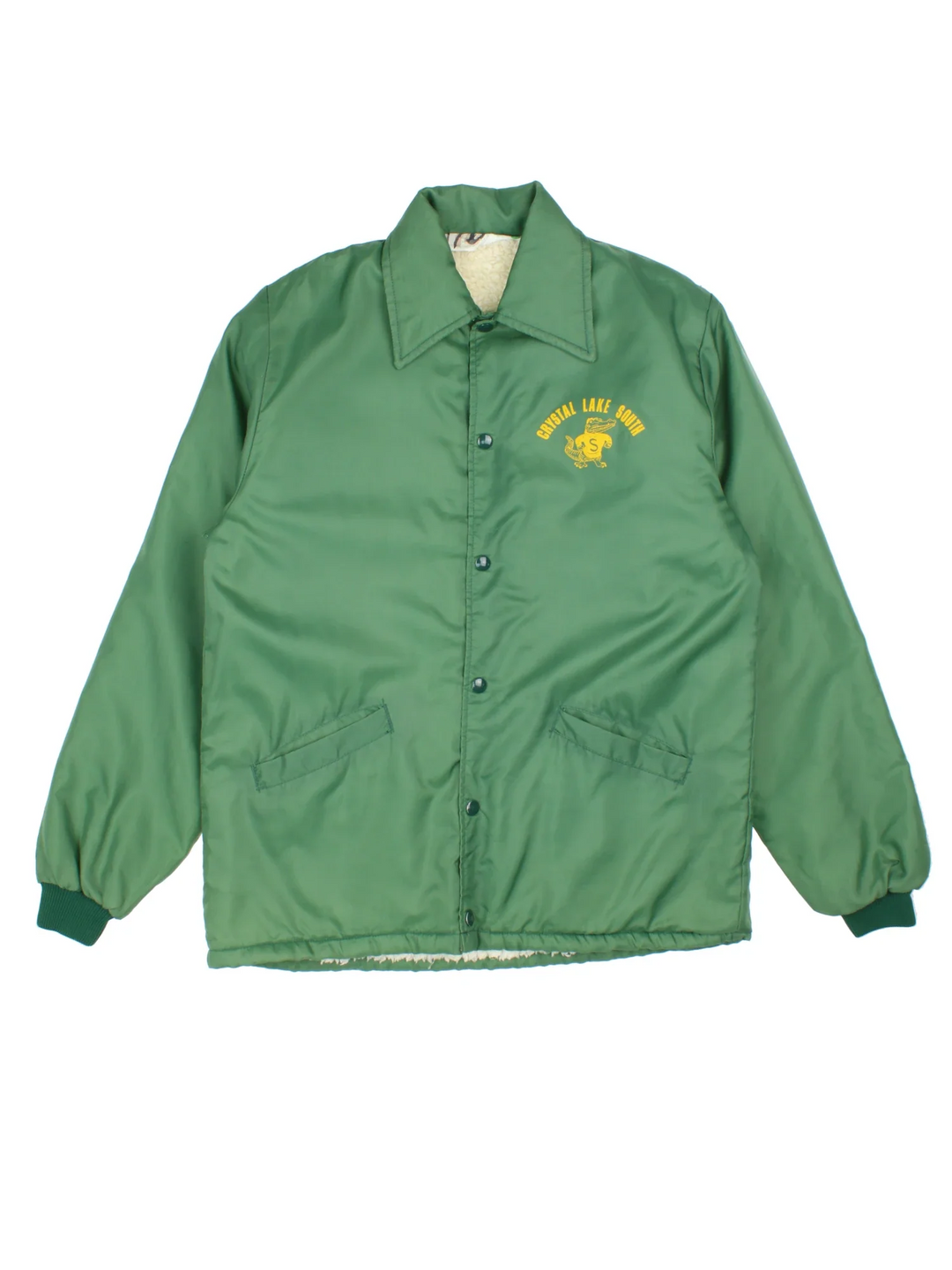 Vintage Crystal Lake South College Coach Jacket in a green colourway. Buttons up and has side pockets, fleece lining, and has the logo printed on the front and Tennis spell out on the back.
