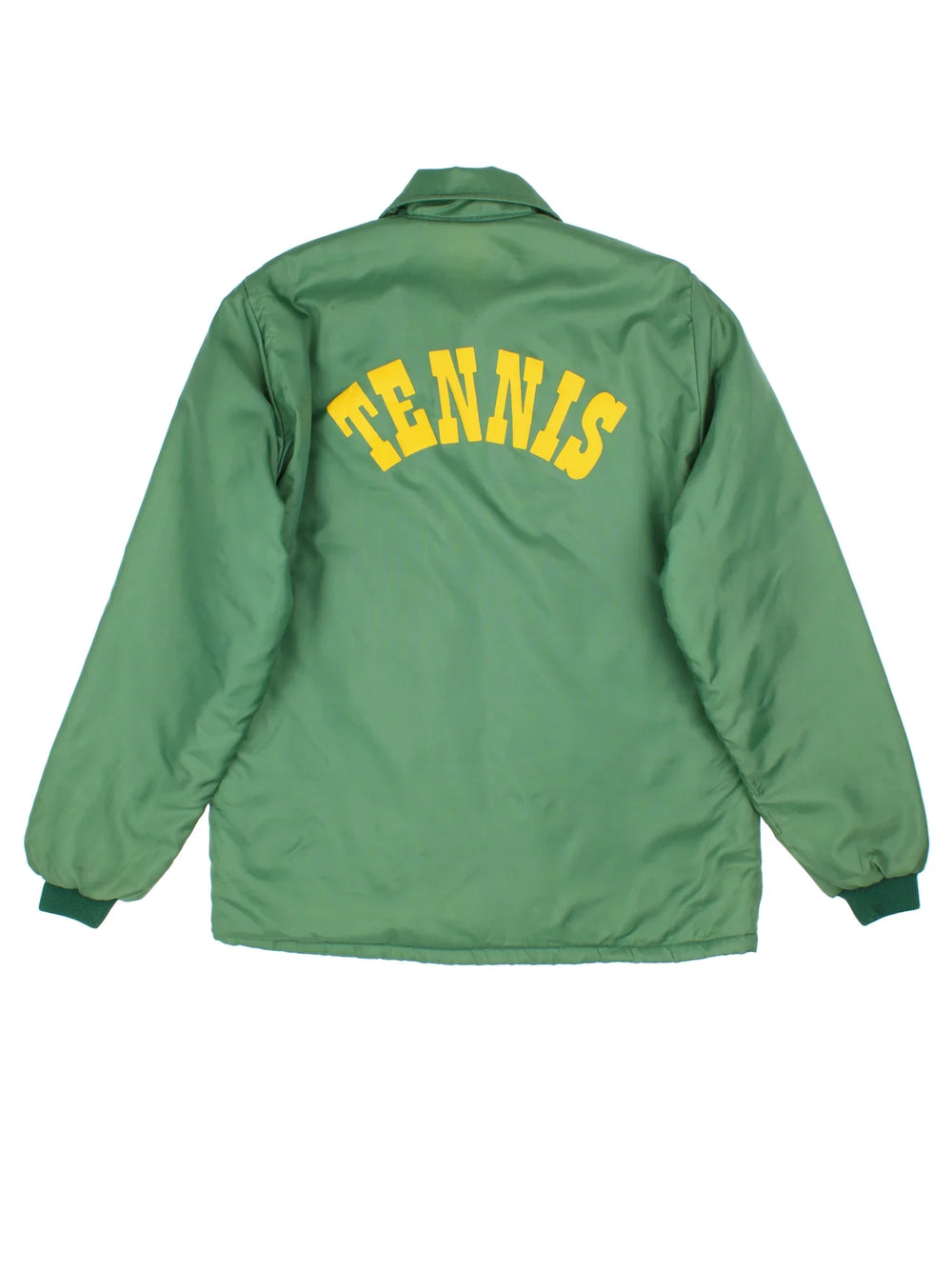 Vintage Crystal Lake South College Coach Jacket in a green colourway. Buttons up and has side pockets, fleece lining, and has the logo printed on the front and Tennis spell out on the back.