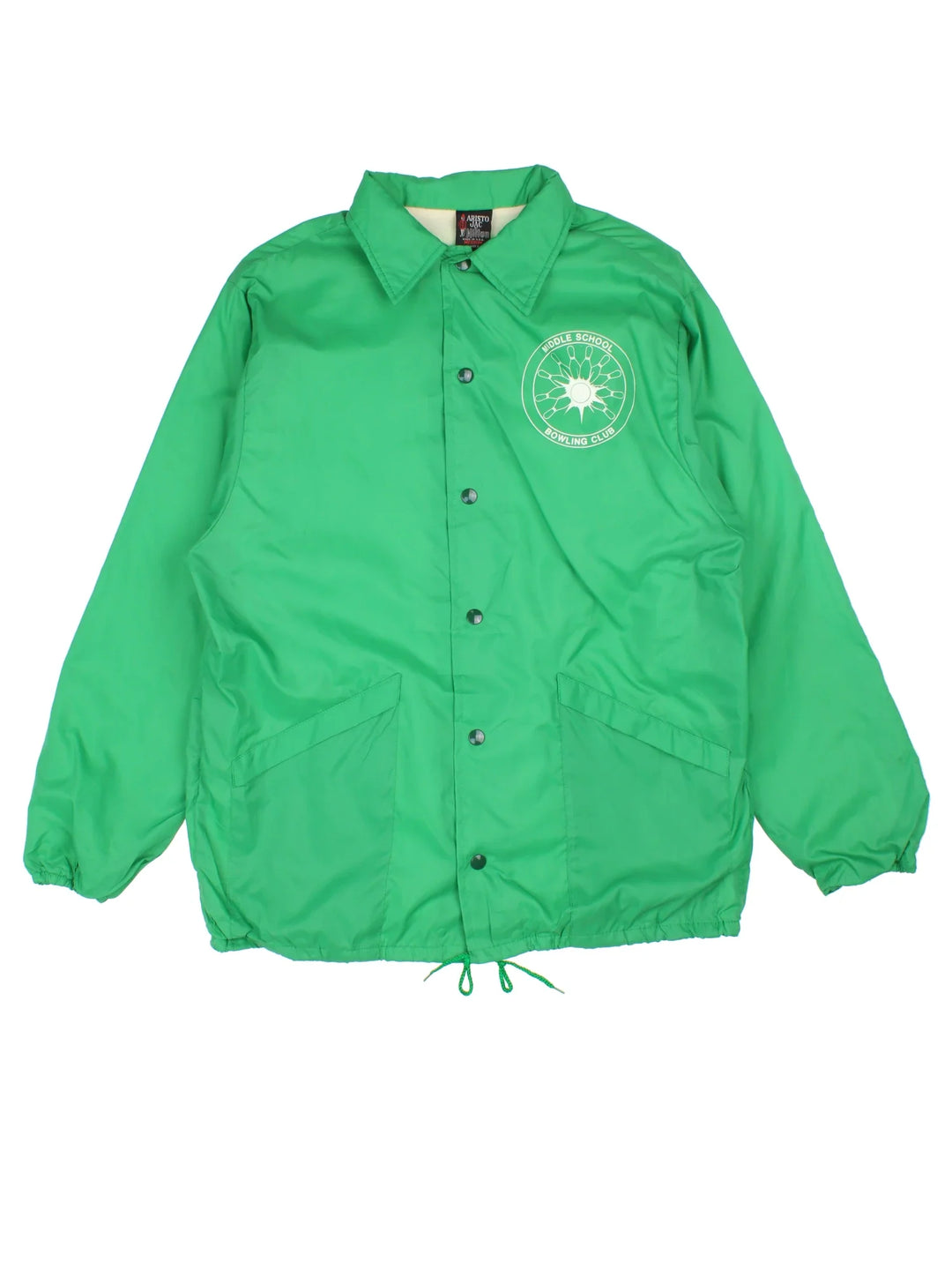 Vintage School Bowling Coach Jacket in a green colourway. Buttons up and has side pockets, and the logo printed on the front.