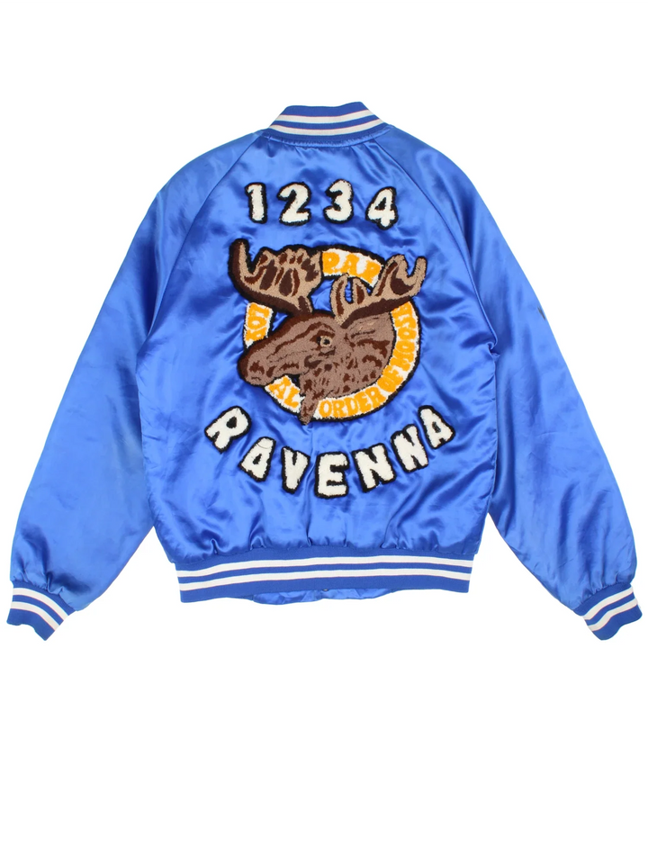 Vintage Ravenna Deer Varsity Jacket in a blue colourway. Buttons up and has side pockets, quilted lining, and has the logos embroidered on the front and big deer garphic on the back.