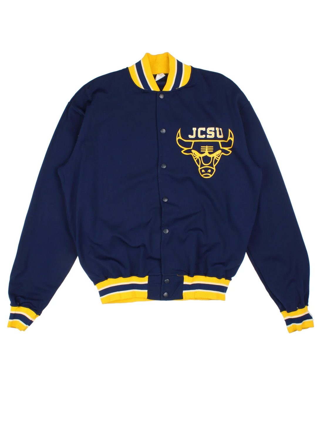 Vintage JCSU University Varsity Jacket in a blue and yellow colourway. Buttons up and has the logo printed on the front and Smith spell out on the back.