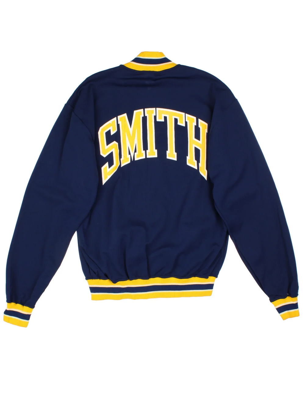 Vintage JCSU University Varsity Jacket in a blue and yellow colourway. Buttons up and has the logo printed on the front and Smith spell out on the back.