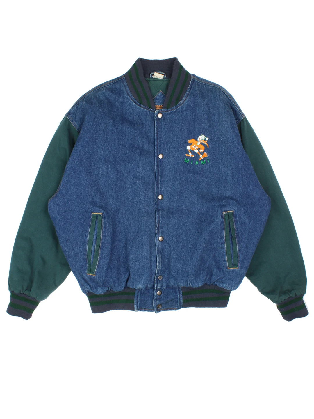 Vintage Miami Hurricanes University Football Denim Varsity Jacket in a blue and green colourway. Buttons up and has side pockets, quilted lining, and has the logo embroidered on the front.