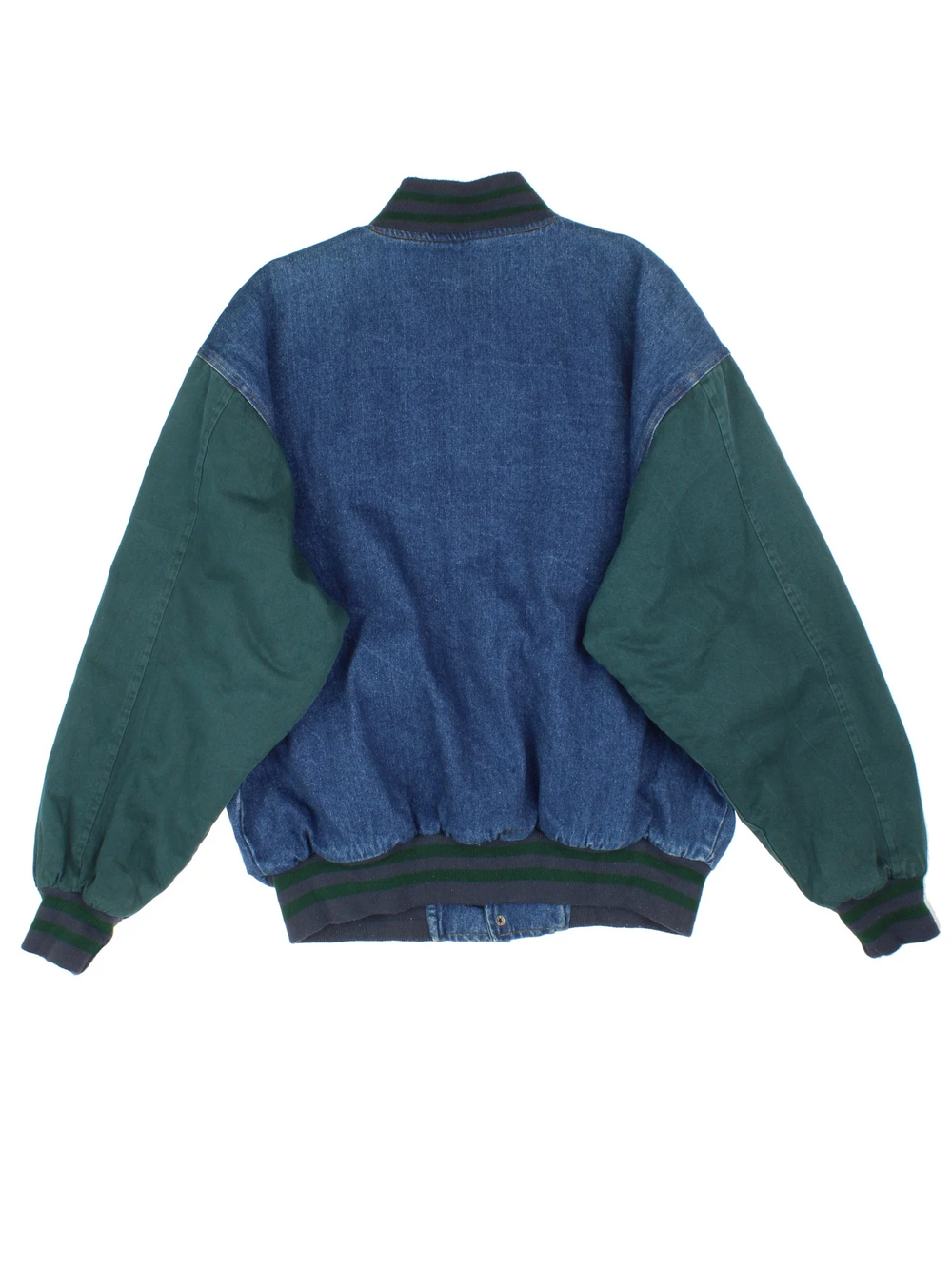 Vintage Miami Hurricanes University Football Denim Varsity Jacket in a blue and green colourway. Buttons up and has side pockets, quilted lining, and has the logo embroidered on the front.
