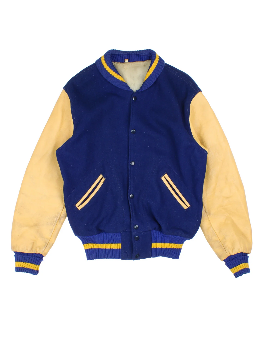 Vintage Varsity Jacket in a blue and tanned colourway. Buttons up and has side pockets.