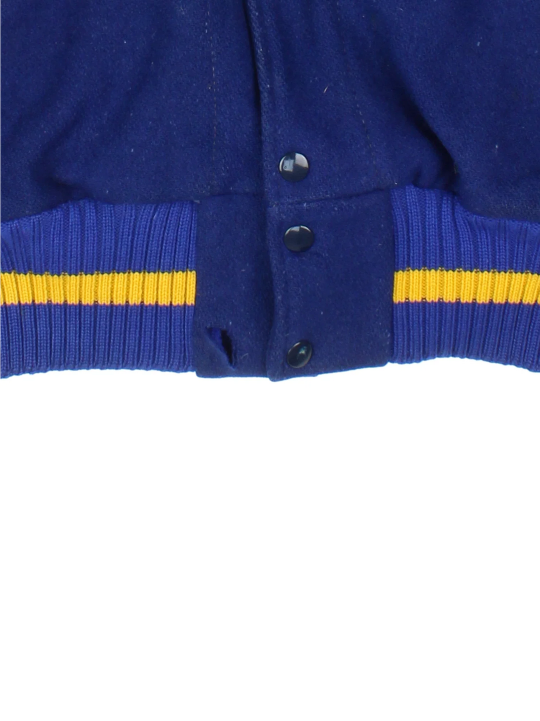 Vintage Varsity Jacket in a blue and tanned colourway. Buttons up and has side pockets.