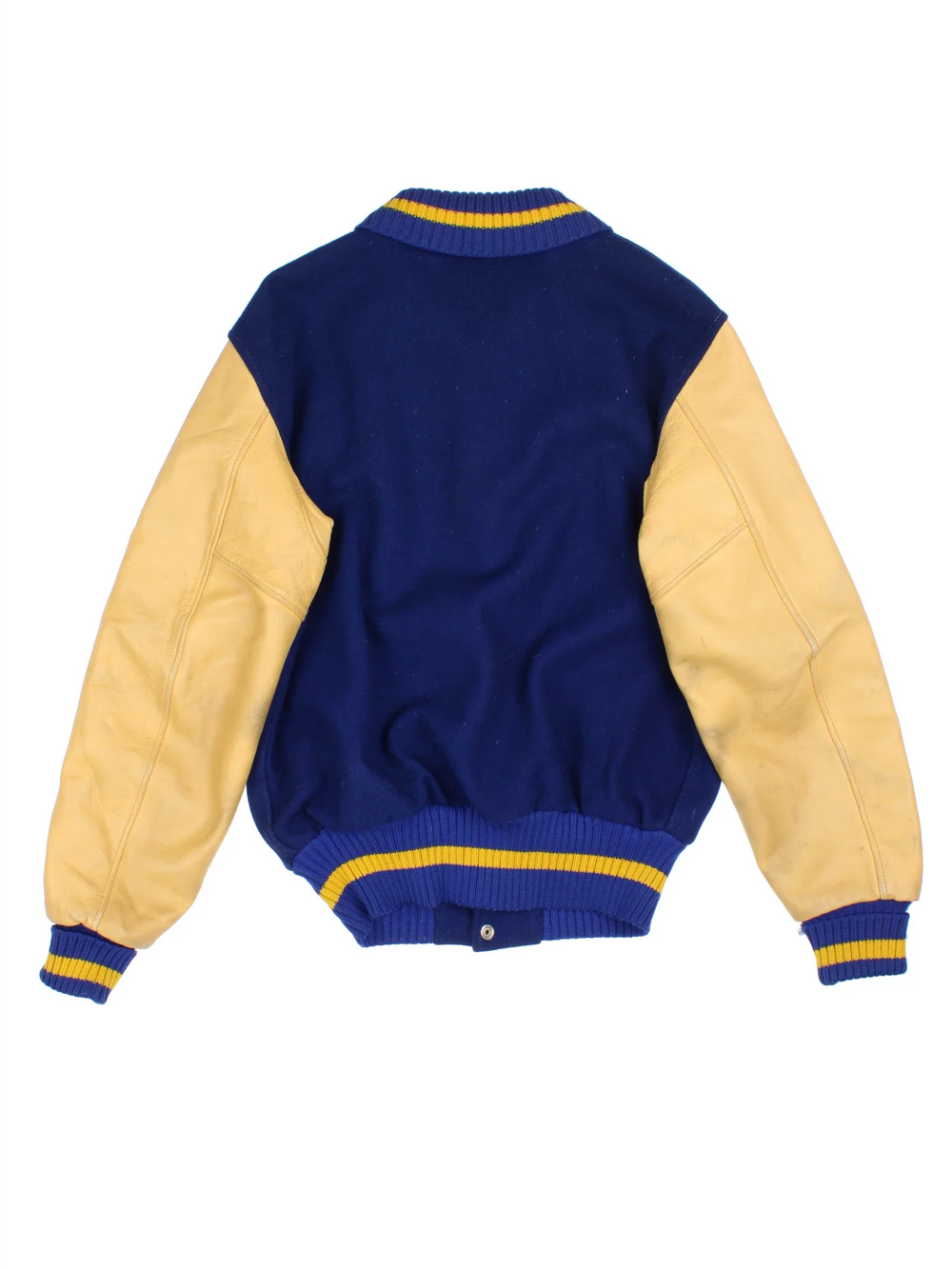 Vintage Varsity Jacket in a blue and tanned colourway. Buttons up and has side pockets.