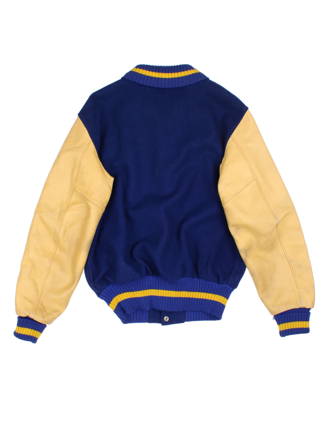 Vintage Varsity Jacket in a blue and tanned colourway. Buttons up and has side pockets.