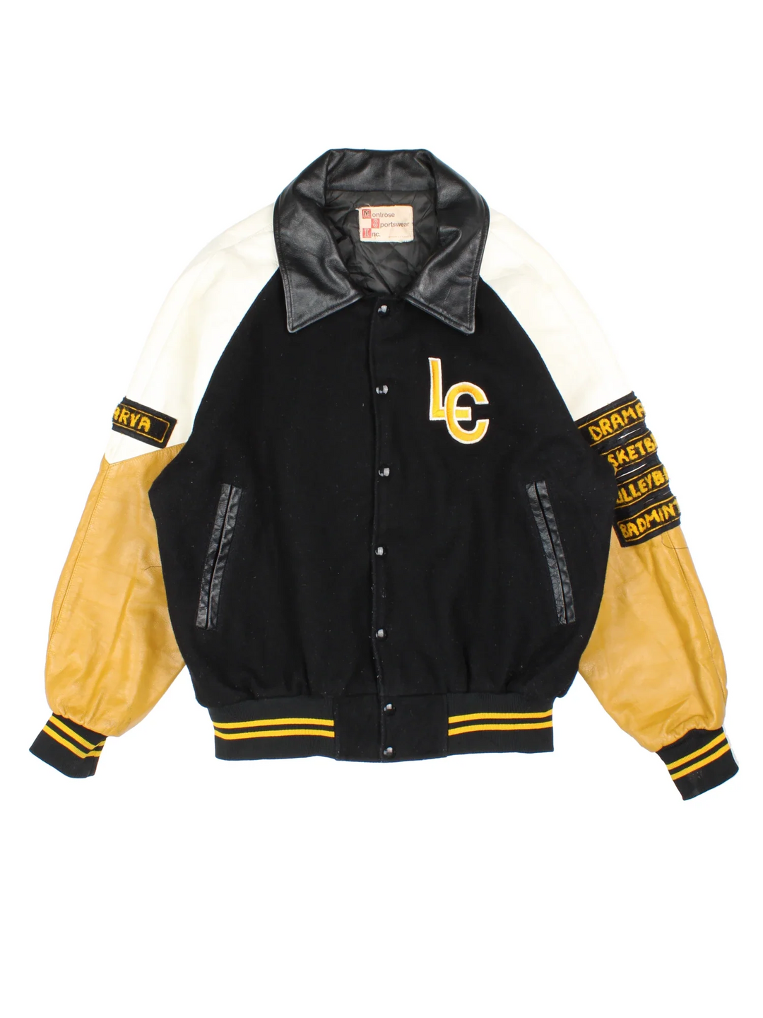 Vintage Luther College Varsity Jacket in a black colourway. Buttons up and has side pockets, quilted lining, and has the logo embroidered on the front and back with large lion graphic.
