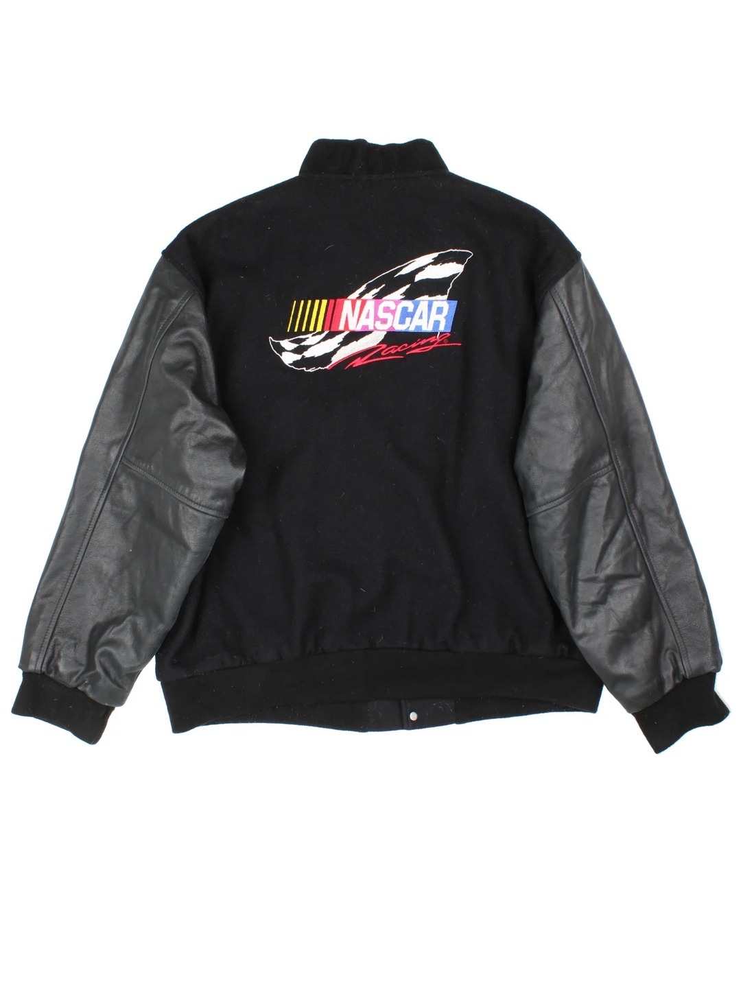 Vintage Nascar Varsity Jacket in a black colourway. Buttons up and has side pockets, quilted lining, and has the logo embroidered on the front and back.