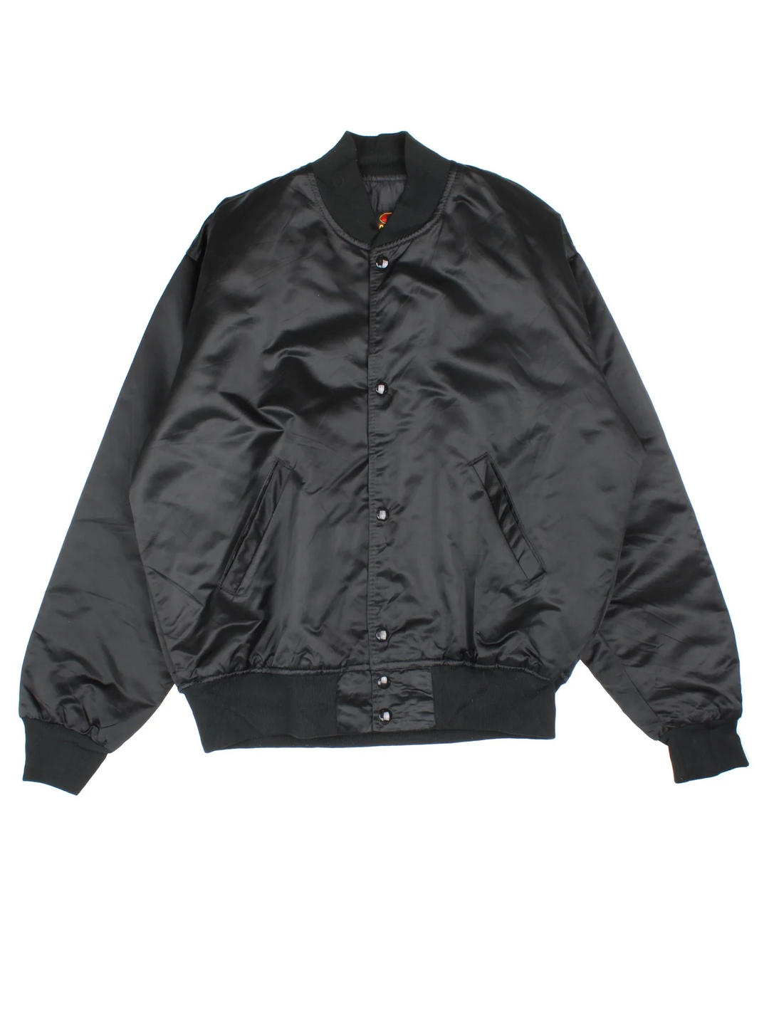 Vintage Deer Varsity Jacket in a black colourway. Buttons up and has side pockets, quilted lining, and has a deer graphic embroidered on the back.