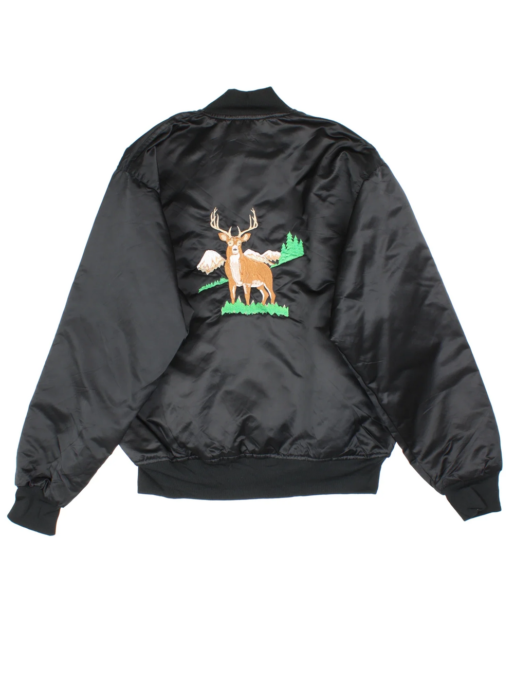 Vintage Deer Varsity Jacket in a black colourway. Buttons up and has side pockets, quilted lining, and has a deer graphic embroidered on the back.