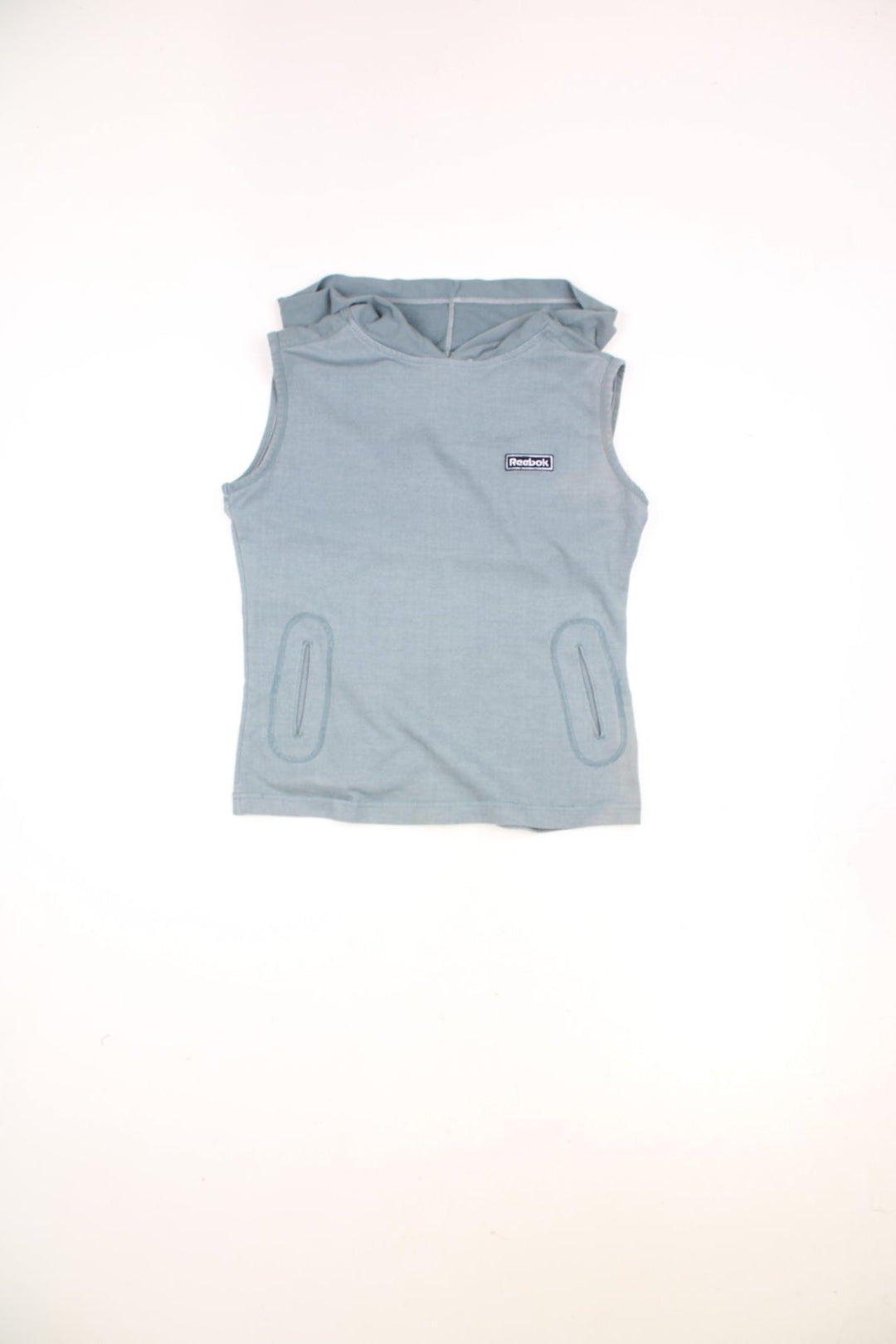 2000's Reebok grey blue muscle vest top, features hood, pockets and embroidered logo on the chest