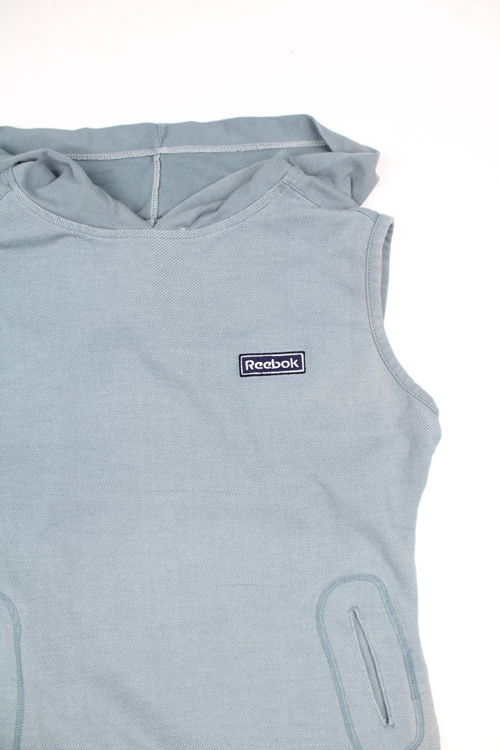 2000's Reebok grey blue muscle vest top, features hood, pockets and embroidered logo on the chest