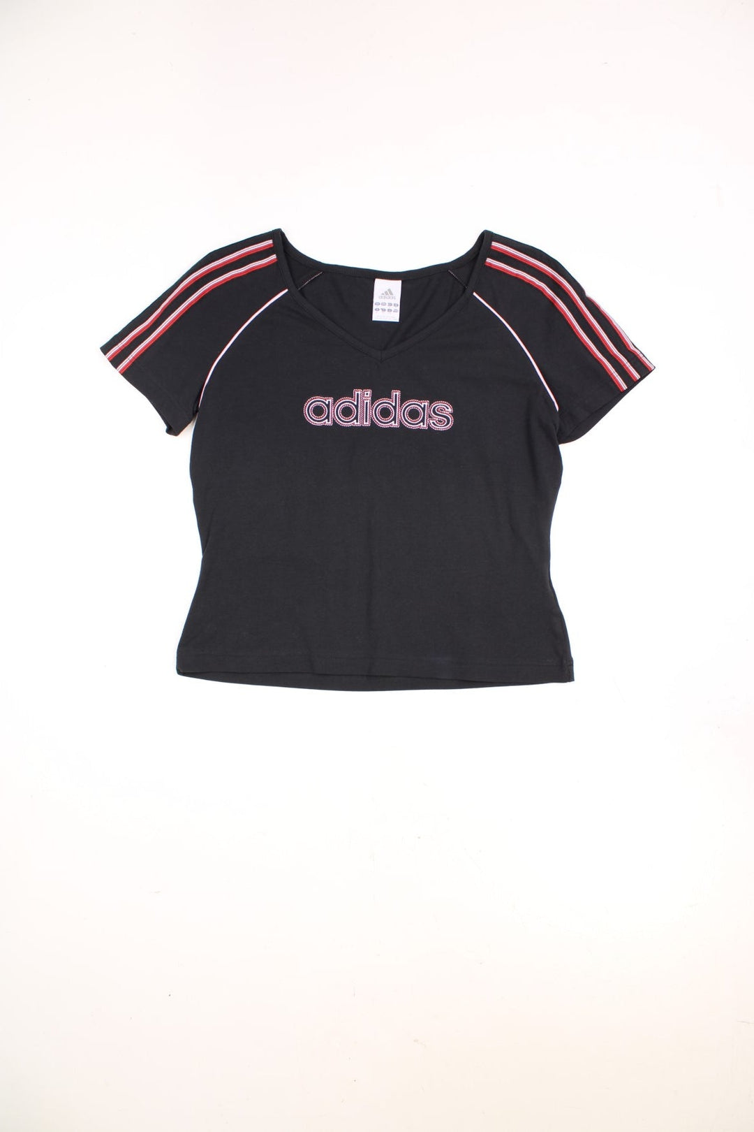 2000's Adidas v-neck baby tee in black, features embroidered spell-out logo across the chest and signature three stripe details down the sleeves