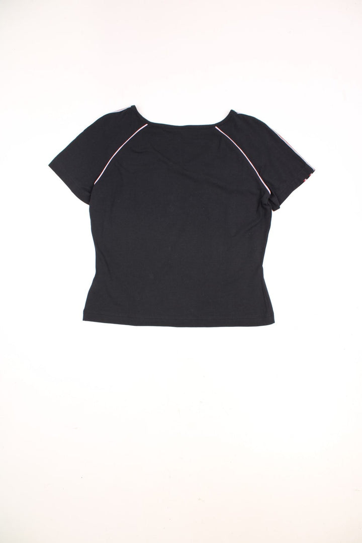 2000's Adidas v-neck baby tee in black, features embroidered spell-out logo across the chest and signature three stripe details down the sleeves