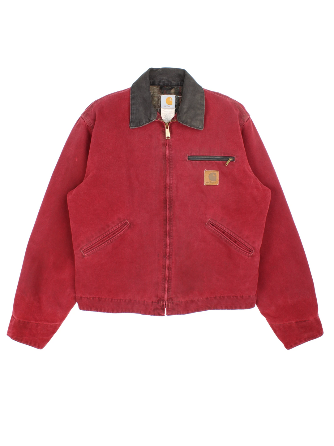 Carhartt J97 CRI Detroit Jacket an extremely rare crimson red colourway, produced for only a short time period for this is jacket is like no other, zip up with multiple pockets, blanket lining, and has the logo embroidered on the front. 