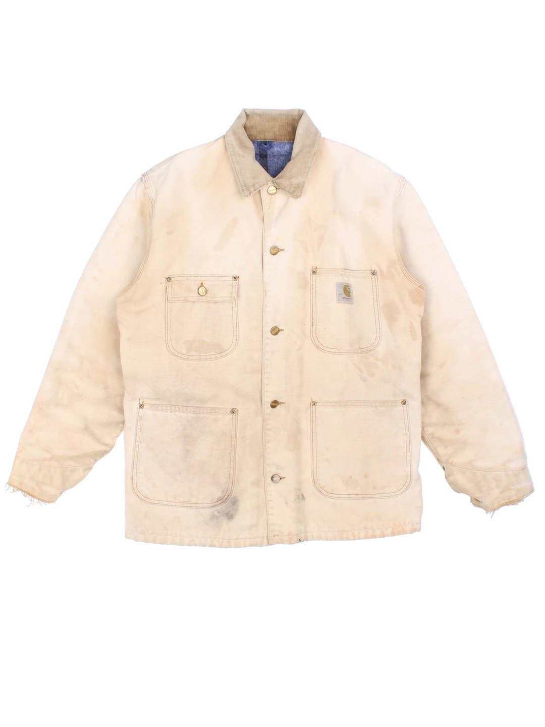 Vintage 70's Carhartt Distressed Chore Jacket in a tan colourway. Buttons up and has multiple pockets, blanket lining, corduroy collar, and has the logo embroidered on the front.