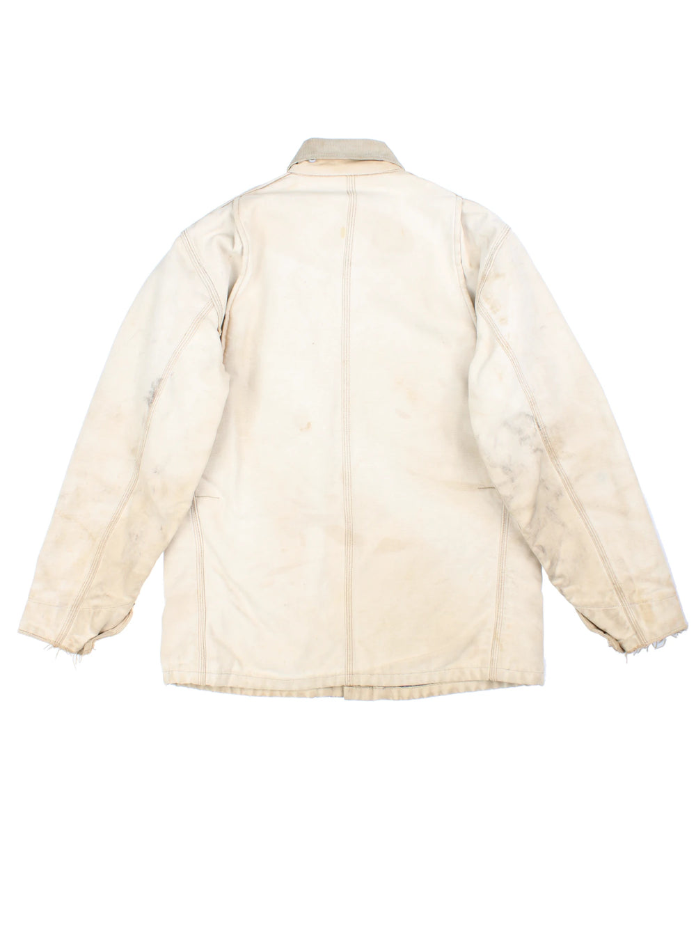 Vintage 70's Carhartt Distressed Chore Jacket in a tan colourway. Buttons up and has multiple pockets, blanket lining, corduroy collar, and has the logo embroidered on the front.