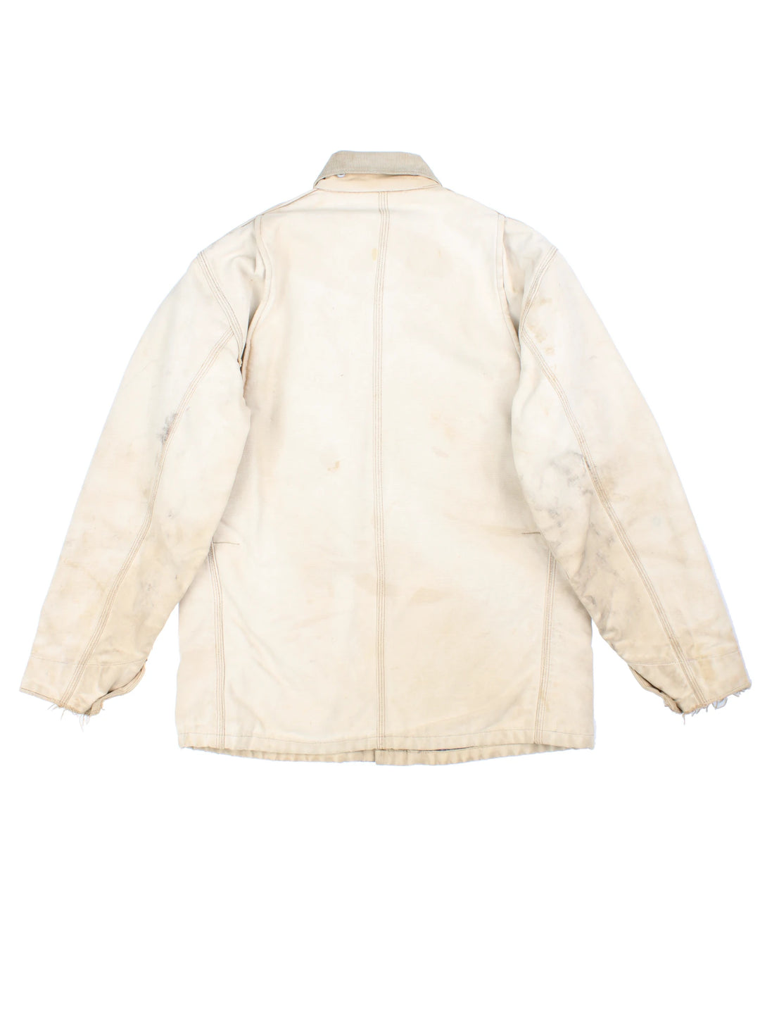 Vintage 70's Carhartt Distressed Chore Jacket in a tan colourway. Buttons up and has multiple pockets, blanket lining, corduroy collar, and has the logo embroidered on the front.
